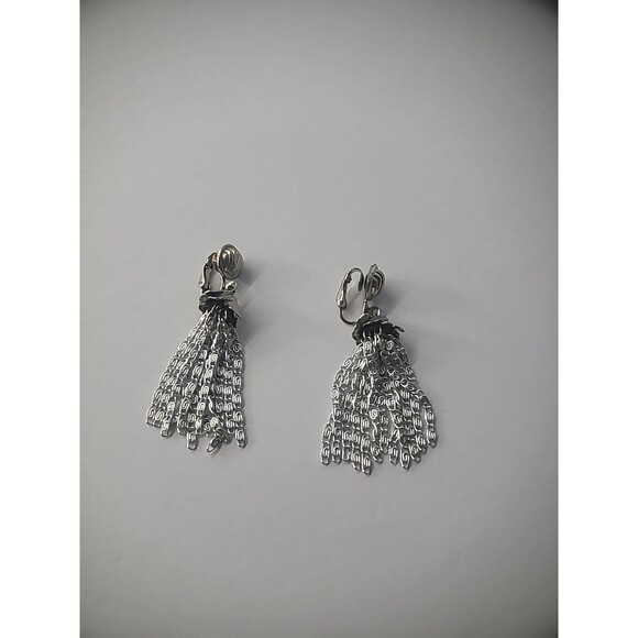 Vintage Earrings Clip On Silver Tone Chain Tassels Drop Dangle Jewelry Costume - Picture 8 of 10